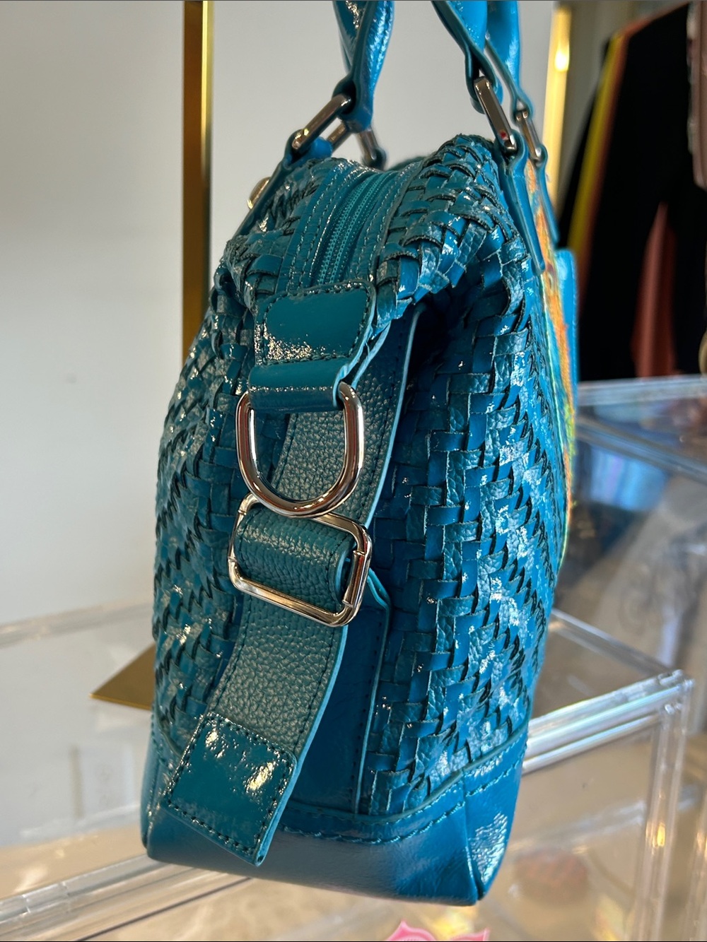 Sharif Turquoise Cross Stitch Peacock Woven Leather Satchel 14”x 4”x 10.5” EUC - Picture 5 of 8